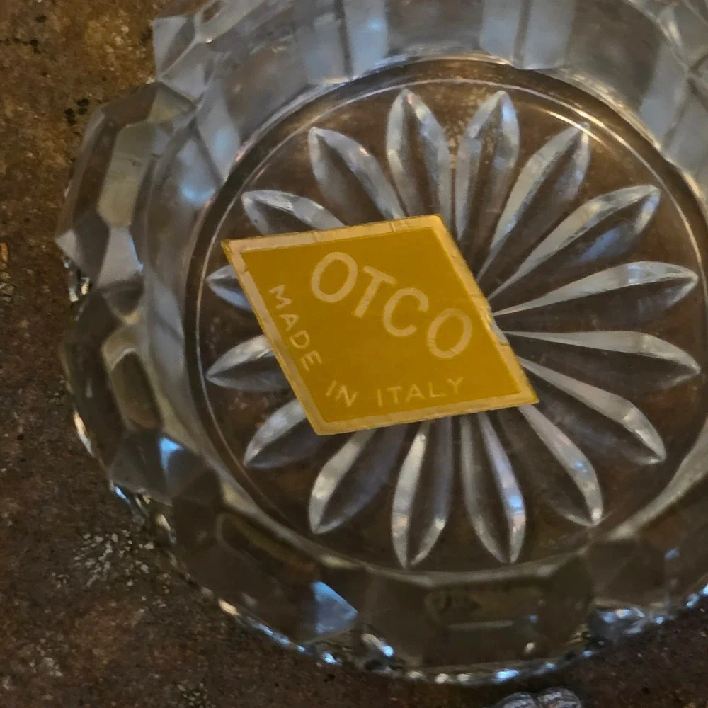 Vintage OTCO Italy Crystal Salt Cellar with Silver Tone Holder and Shell Spoon